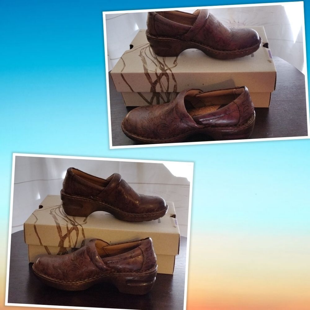 NWT Born Concept Peggy Clog Shoes Brown Floral Embossed Slip On Wedges Size 7M W